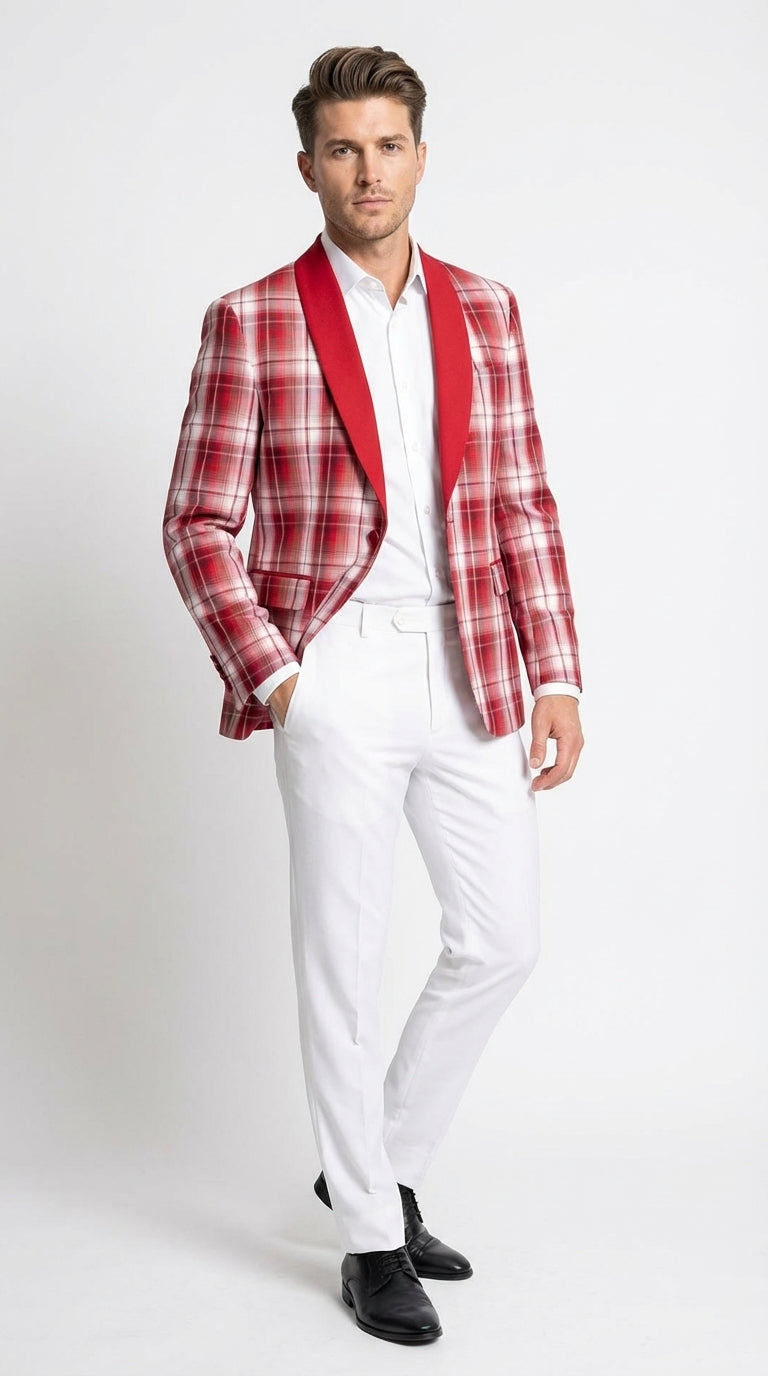 Mens Tartan Red and White Plaid Blazer – Check Pattern Sport Coat Red Shawl Lapel Party Christmas Holiday New Year - 36 Short
