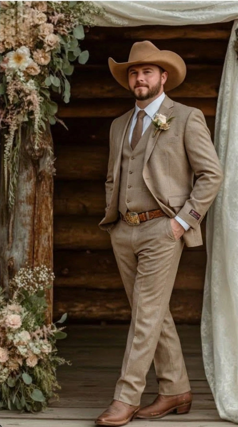 Mens Sharkskin Dark Taupe Tan with sheen Western 3 Piece Suit – Classic Country Style Blazer Vest Pants Set, Formal Cowboy Suit Outfit - 34 Short or Extra Small