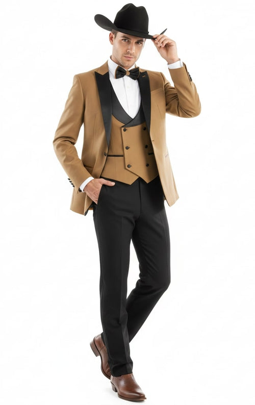 Mens Western Cowboy Tuxedo Tan and Black 3-Piece Suit with Satin Lapel and Vest in Mocca Coffee Color