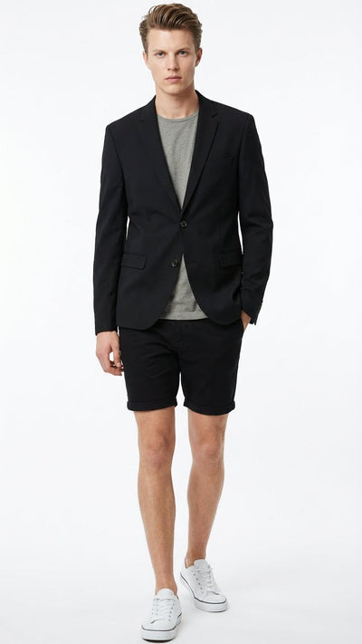 Mens Black Summer Business Suit with Shorts Pants Set