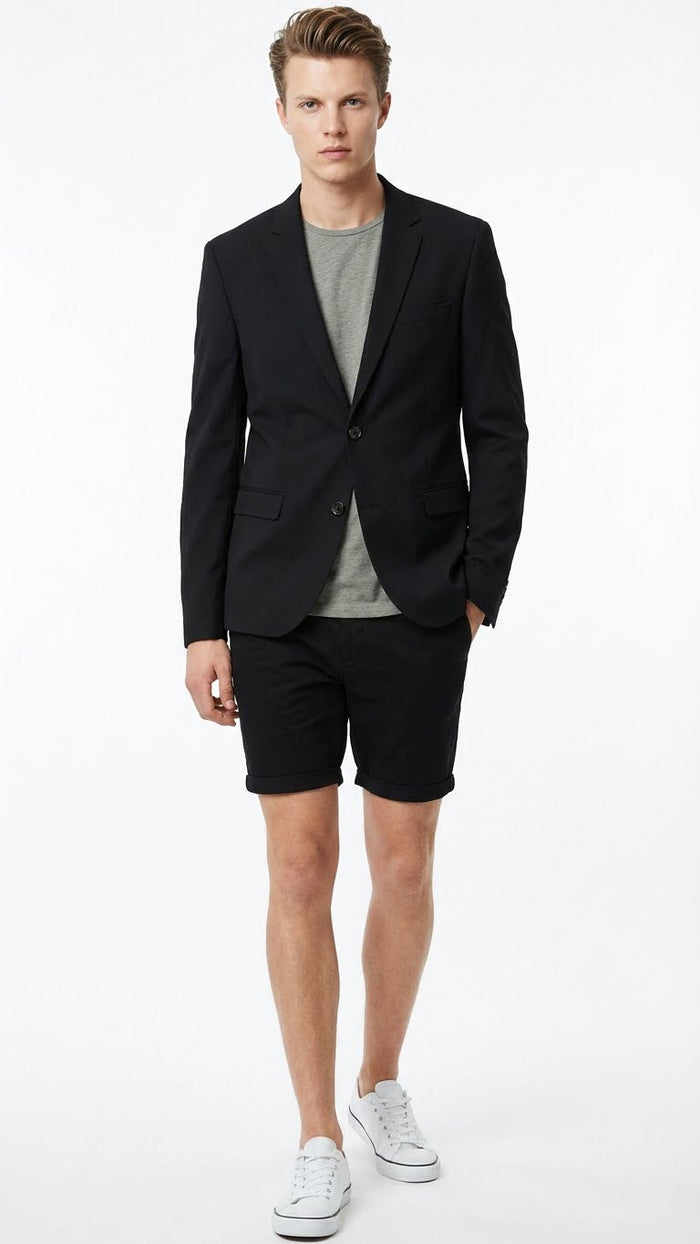 Mens Black Summer Business Suit with Shorts Pants Set