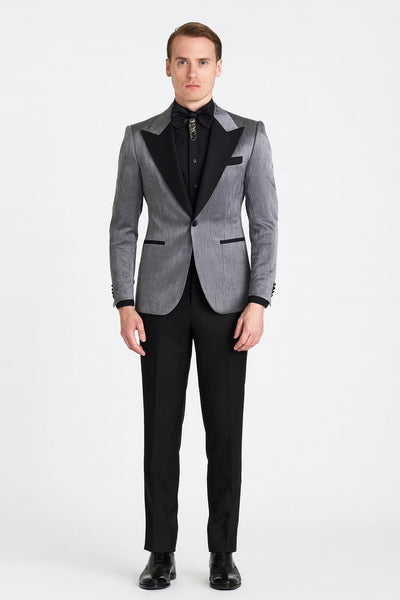 Silver Metallic Tuxedo Suit with Black Satin Peak Lapel Mens Slim Fit Formal Wedding and Prom Attire in Charcoal Grey With Pants