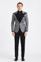 Silver Metallic Tuxedo Suit with Black Satin Peak Lapel – Mens Slim Fit Formal Wedding and Prom Attire in Charcoal Grey With Pants