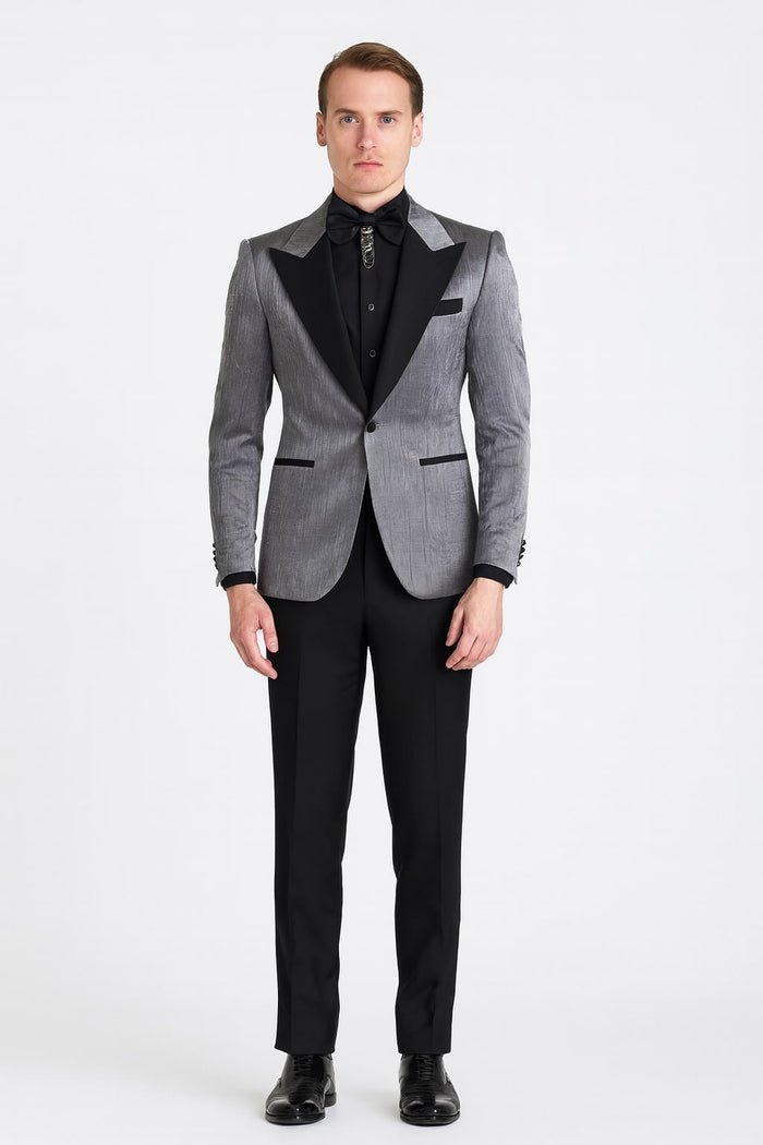 Silver Metallic Tuxedo Suit with Black Satin Peak Lapel Mens Slim Fit Formal Wedding and Prom Attire in Charcoal Grey With Pants