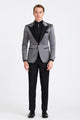 Silver Metallic Tuxedo Suit with Black Satin Peak Lapel – Mens Slim Fit Formal Wedding and Prom Attire in Charcoal Grey With Pants