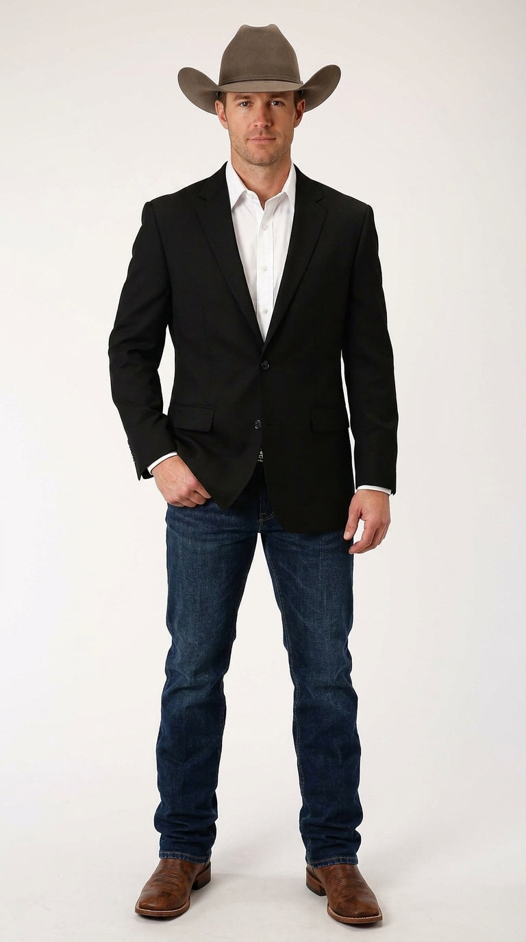 Men’s Black Linen Western Cowboy Blazer – Lightweight Formal Blazer Jacket for Wedding - Country Summer Jacket - 36 Short