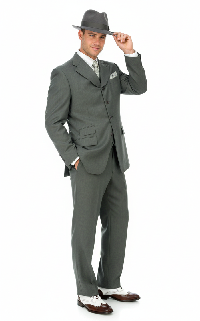 Mens 1920s Gray Zoot Suit 4 Buttons  Gangster Wide Lapel Long Jacket 3-Piece Suit in Grey Color Classic Fit Pleated Pants