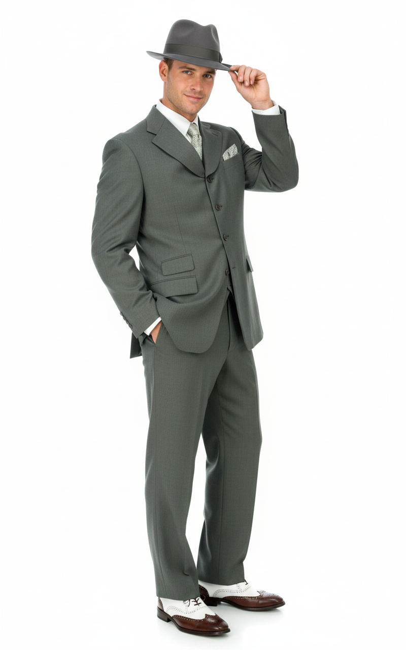 Men’s 1920s Gray Zoot Suit  – 4 Buttons  Gangster Wide Lapel Long Jacket 3-Piece Suit in Grey Color Classic Fit Pleated Pants - 34 Short or Extra Small