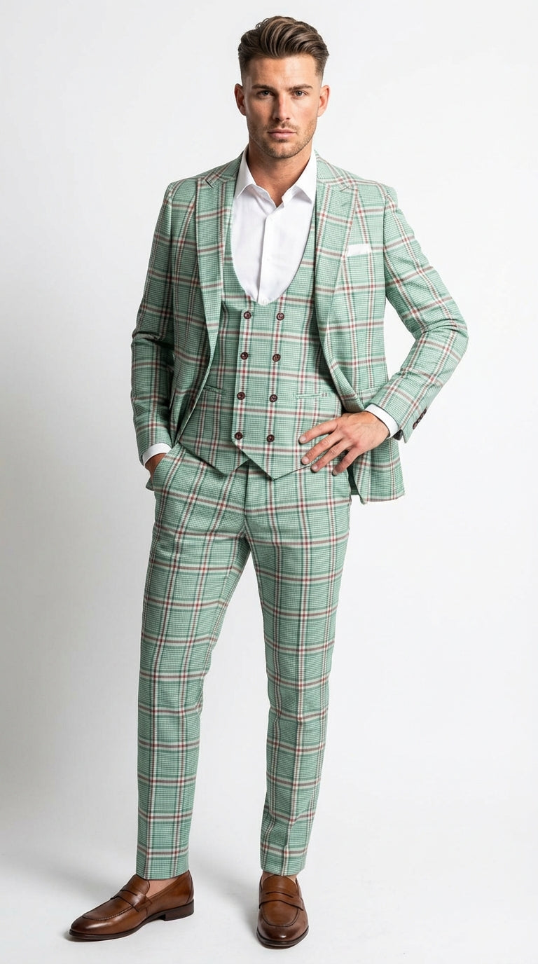 Mint Green Plaid Three Piece Suit for Men | Classic Checkered Formal Suit with Jacket Vest and Pants By Rossiman - 34 Short or Extra Small