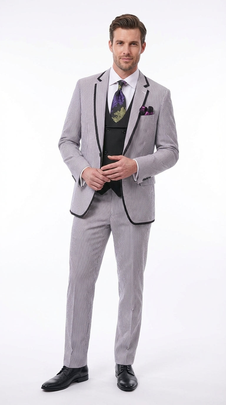 Mens Black and White Pinstripe Wedding Tuxedo Suit – Three Piece Formal Suit Set with Contrast Trim for Groom, Prom - Seersucker Summer Suit - 34 Short or Extra Small