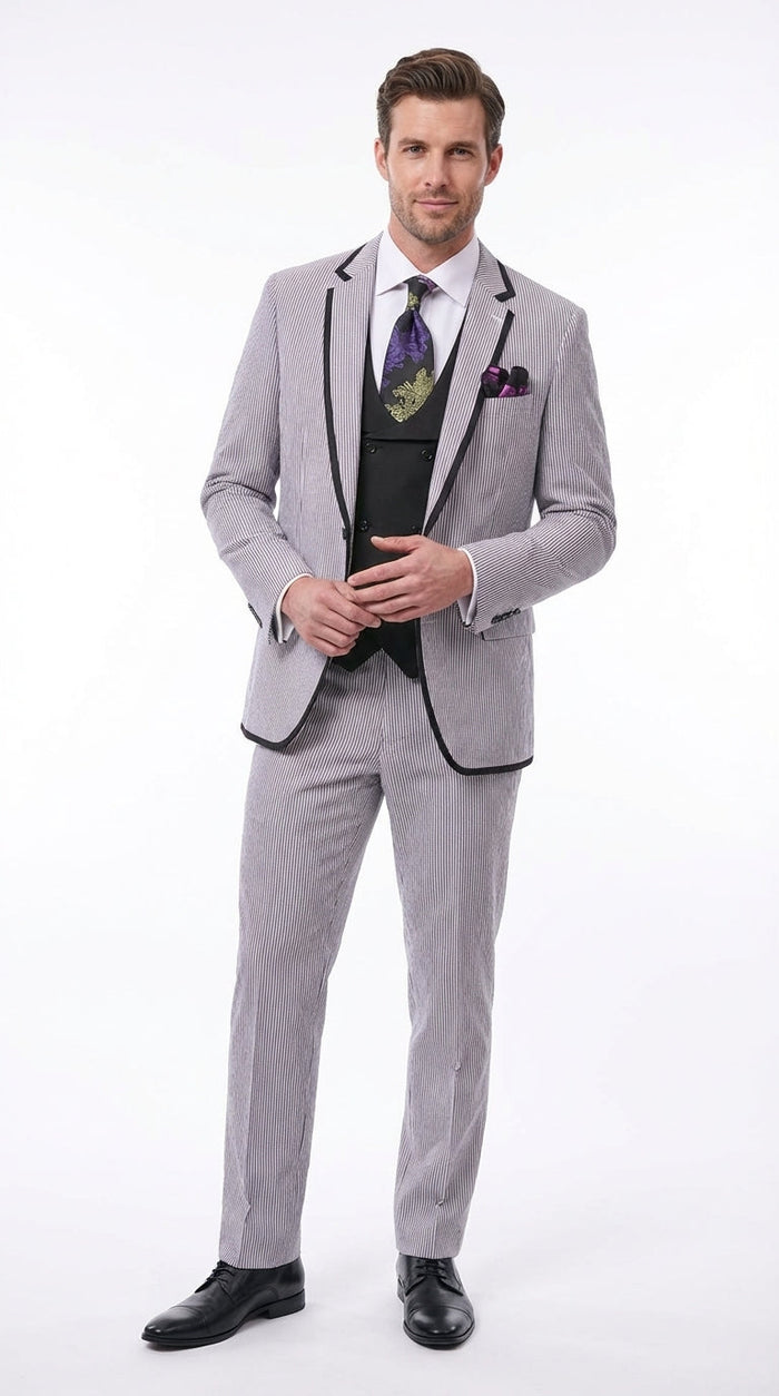 Mens Black and White Pinstripe Wedding Tuxedo Suit – Three Piece Formal Suit Set with Contrast Trim for Groom, Prom - Seersucker Summer Suit