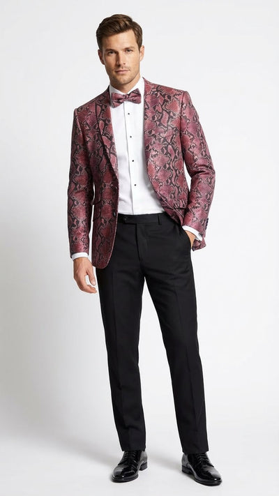 Mens Burgundy and Black Snakeskin Print Blazer Alligator Crocodile Sport Jacket Exotic Skin