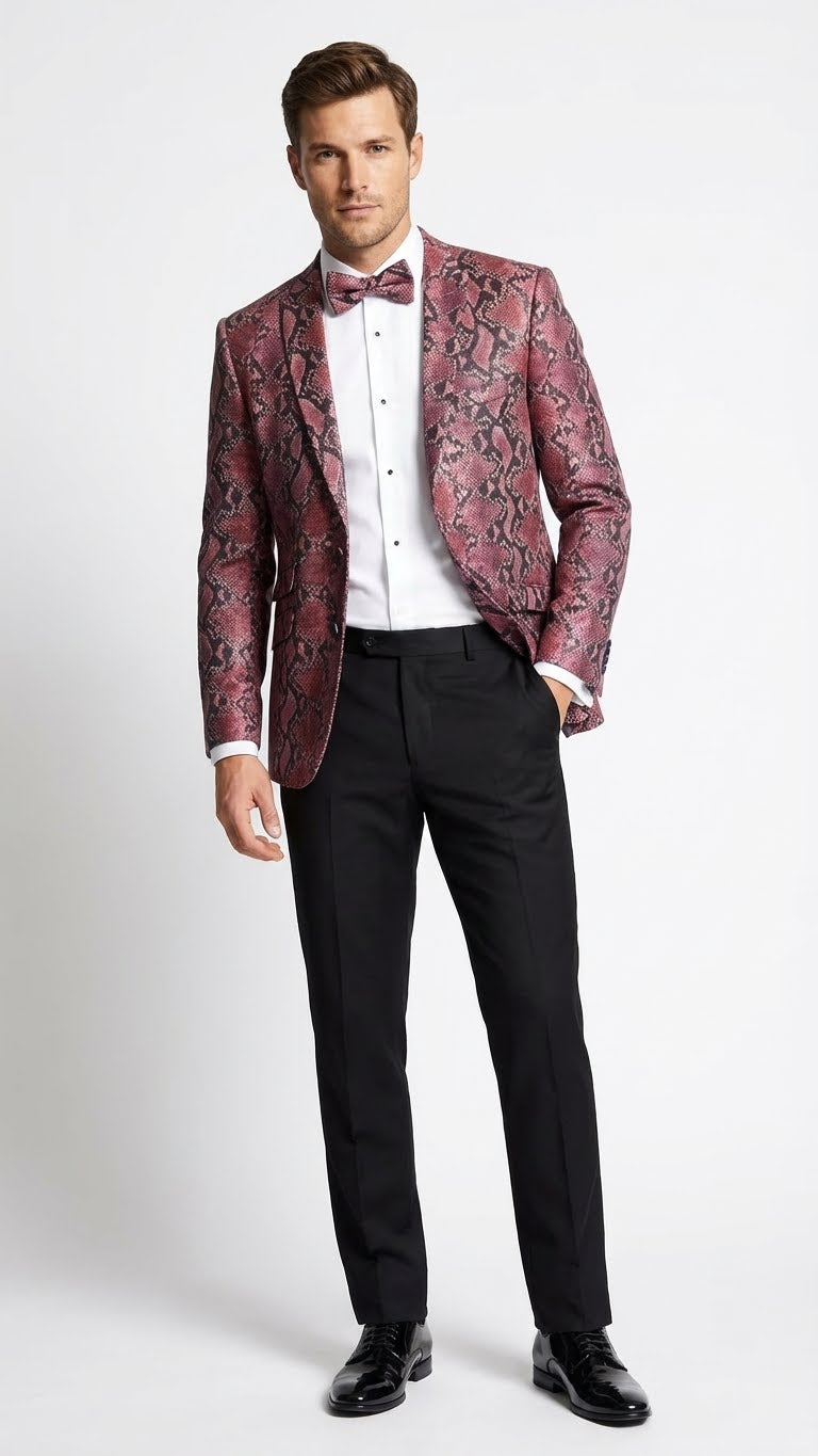 Men’s Burgundy and Black Snakeskin Print Blazer – Alligator Crocodile Sport Jacket Exotic Skin - 36 Short