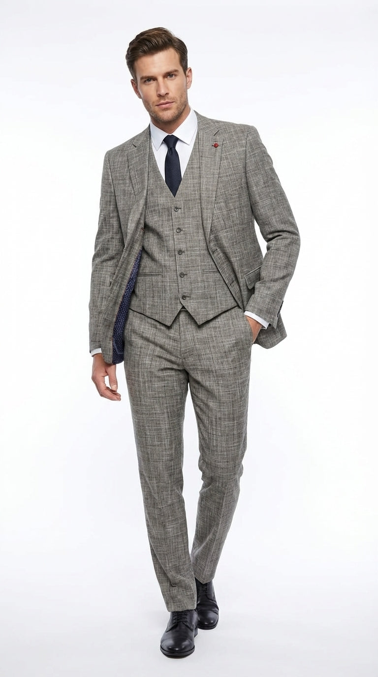 Vitali Brand Men’s Grey Textured Patterned 3 Piece Suit – Modern Fit Checkered Sharkskin with Blazer, Vest & Trousers, Business Wedding