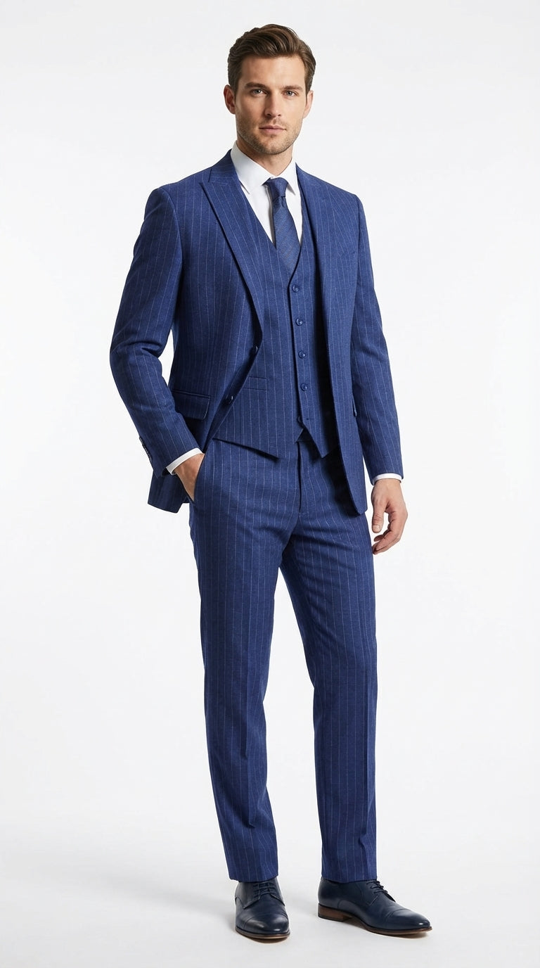 Men’s Cobalt Blue 3 Piece Suit – Indigo Light Blue Pinstripe Formal Suit with Vest for Wedding, Business Modern Fit Two buttons - 34 Short or Extra Small