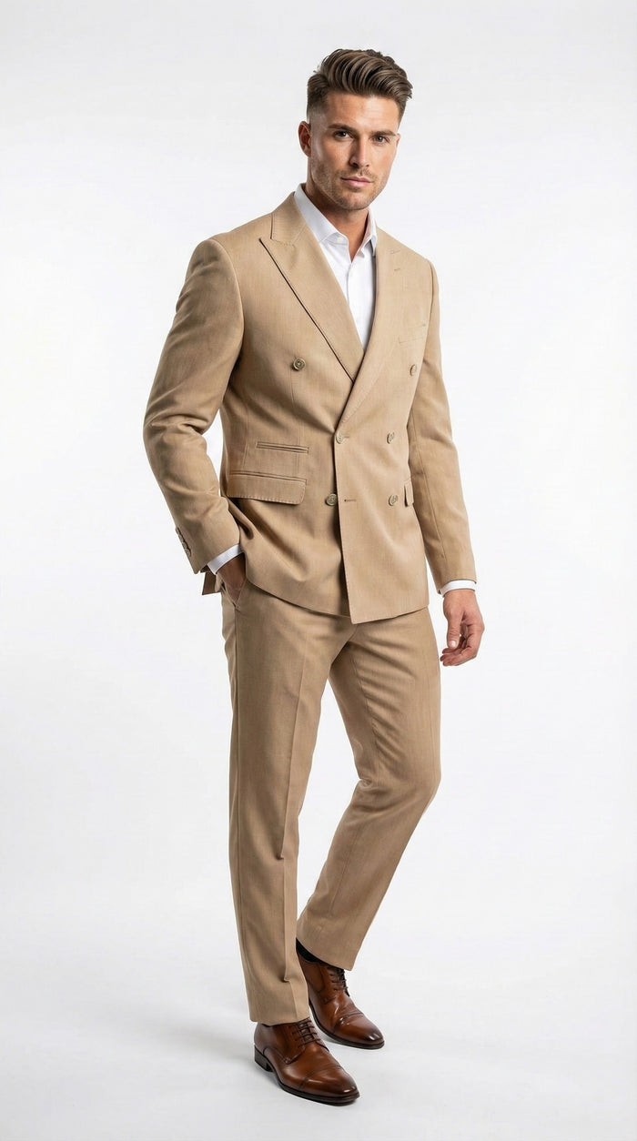 Vitali Brand Mens Beige Double Breasted Suit Classic Wedding, Prom & Party Wear Formal Outfit Khaki Camel Color