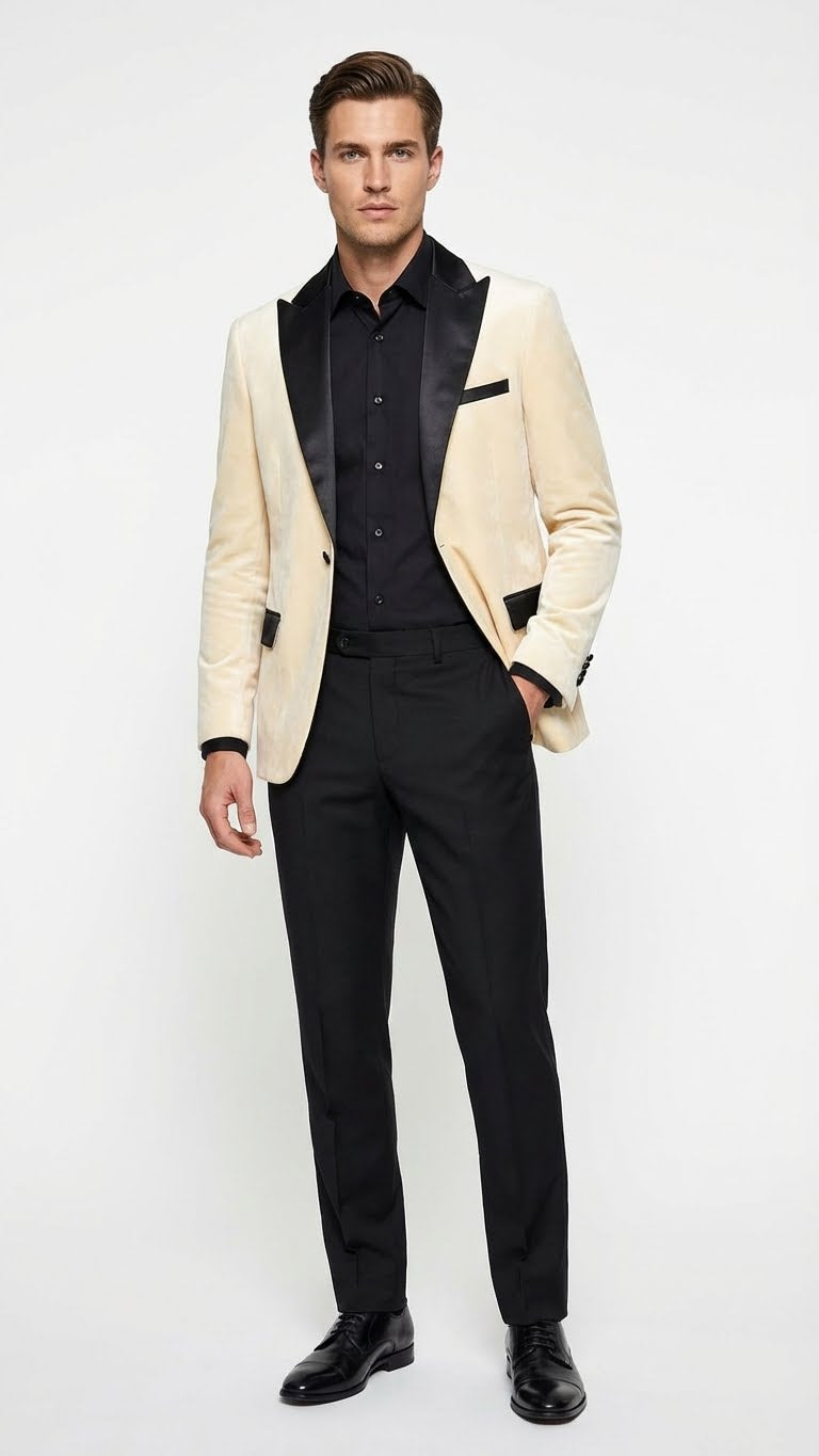 Men’s Ivory Dinner Jacket - Cream Velvet Blazer with Black Satin Lapel | Wedding and Party Formal Sport Coat in off white - S
