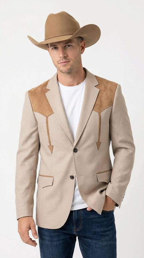 Men’s Khaki Western Blazer – Cowboy Sport Coat with Suede Yoke Detail