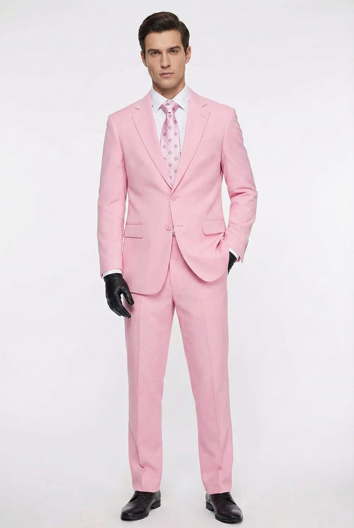 Mens Pink Two-Piece Suit Classic Fit Formal Jacket and Tailored Pants