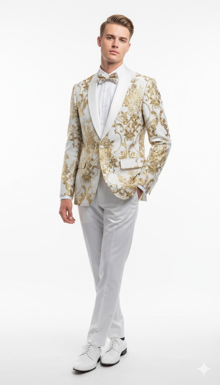 Mens White and Gold Floral Tuxedo Jacket with Satin Lapel – Luxury Prom, Wedding, and Formal Dinner Blazer - 34 Short or Extra Small