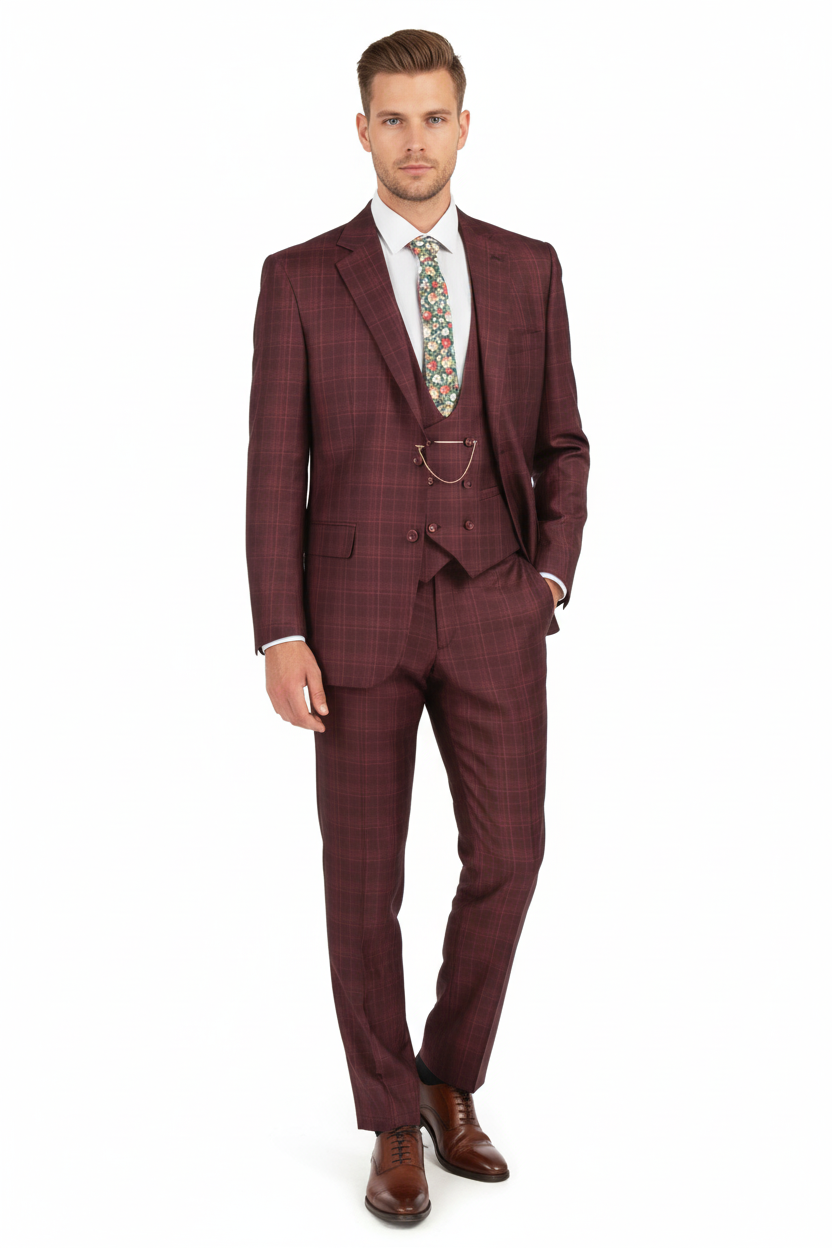 Men’s Burgundy Checkered 3-Piece Suit – Windowpane Classic Fit Plaid Blazer with Vest and Pants - 34 Short or Extra Small