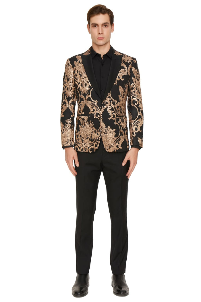 Mens Black and Rose Gold Floral Embroidered Blazer Suit Black Pants Luxury Tuxedo Jacket for Weddings, Proms and Parties