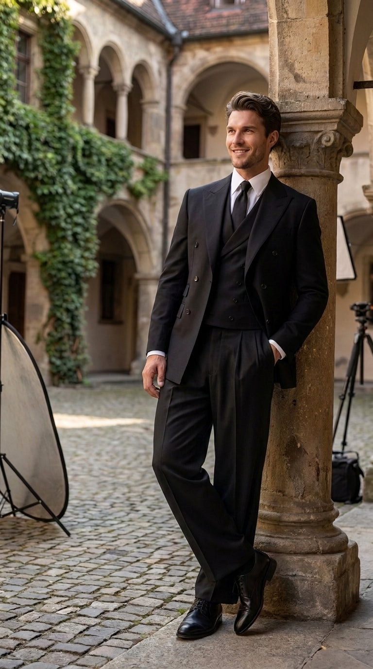Tiglio Rosso Men’s Black Super 150’s Italian Wool 3-Piece Suit – Double-Breasted Jacket, Vest and Wide-Leg Pleated Pants - 34 Short or Extra Small