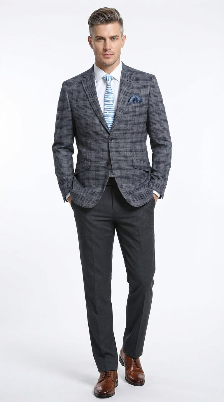 Mens Charcoal Gray with Blue Plaid Pattern Blazer Jacket – Classic Check Pattern Sport Coat for Business, Office, and Smart Casual Wear - 36 Short