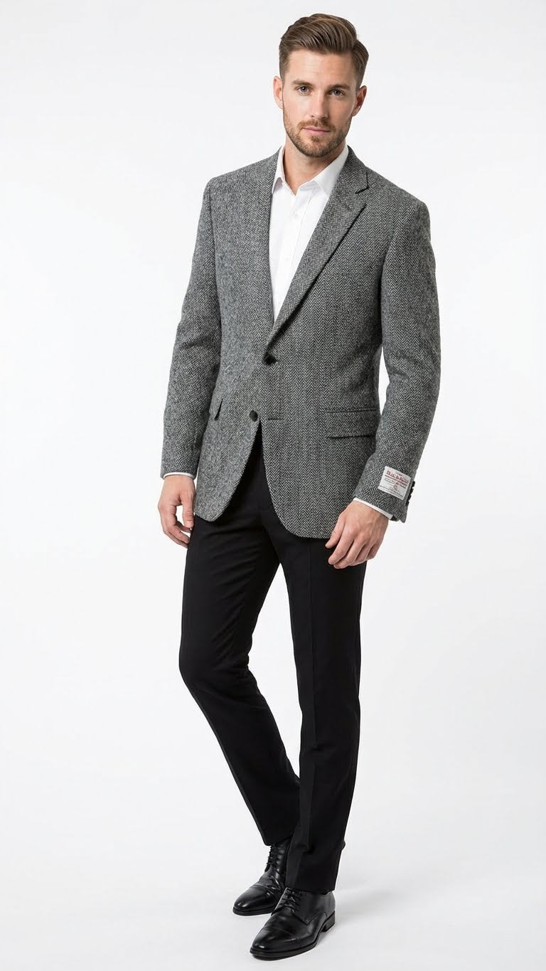 Men’s Grey Harris Tweed Blazer Jacket, Classic Herringbone Wool Sport Coat for Business Casual - 36 Short