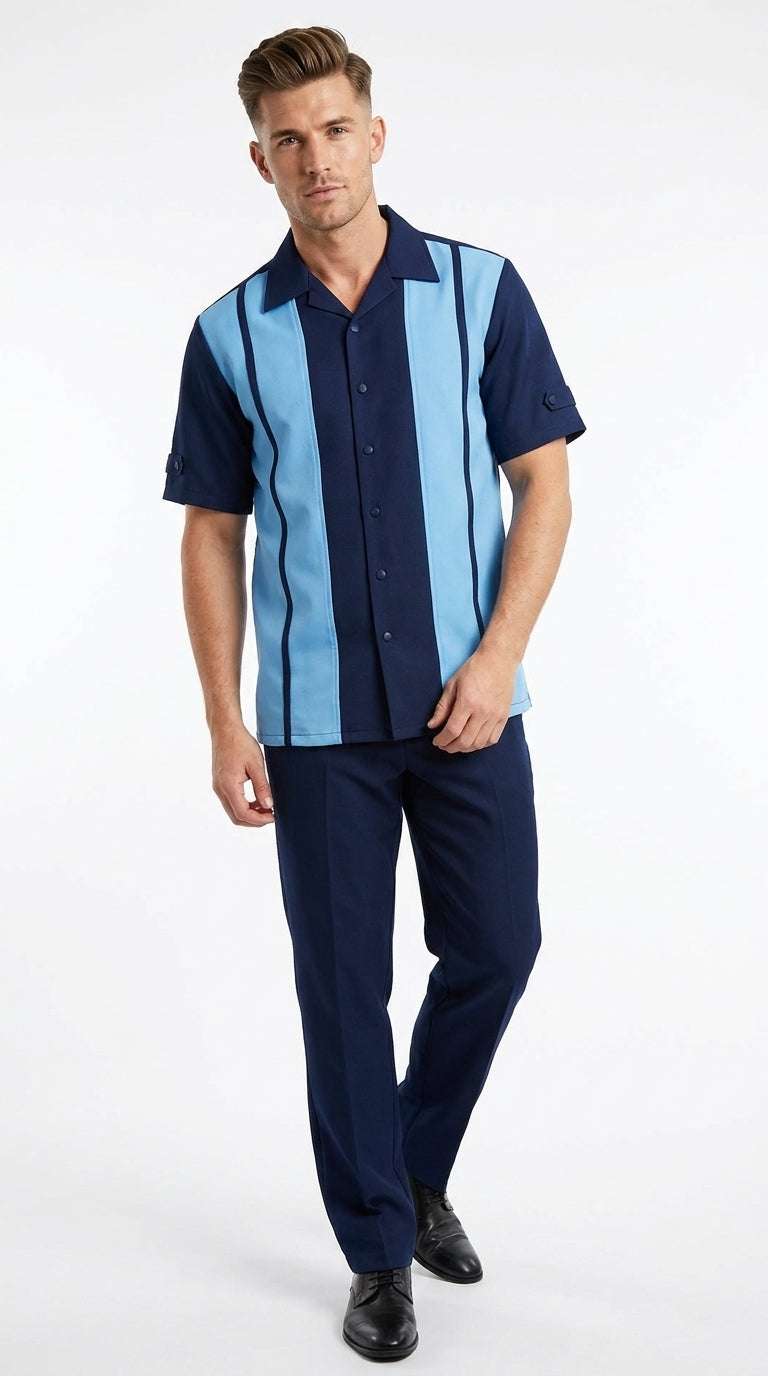 Men’s Navy and Sky Blue Walking Suit – 2-Piece Short Sleeve Casual Leisure Outfit - Small