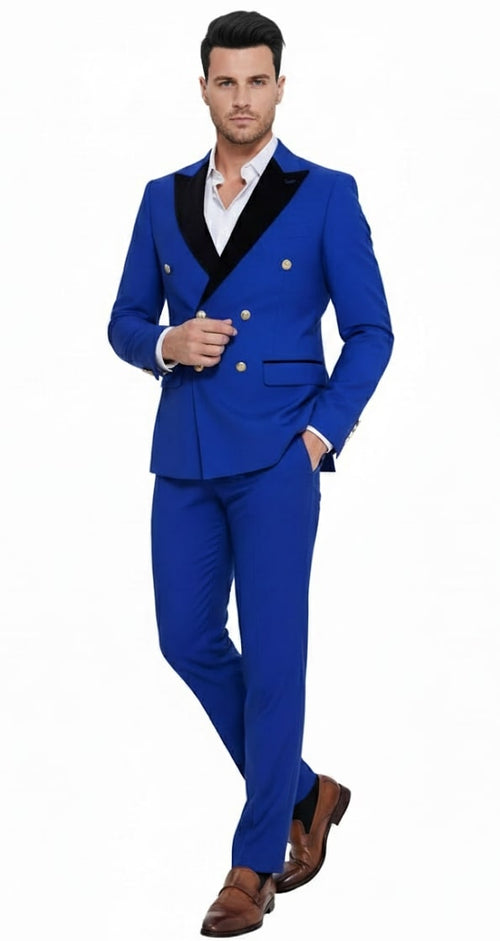 Mens Royal Blue Double-Breasted Tuxedo Suit Modern Slim Fit Formal Wedding and Prom Outfit with Black Satin Lapel