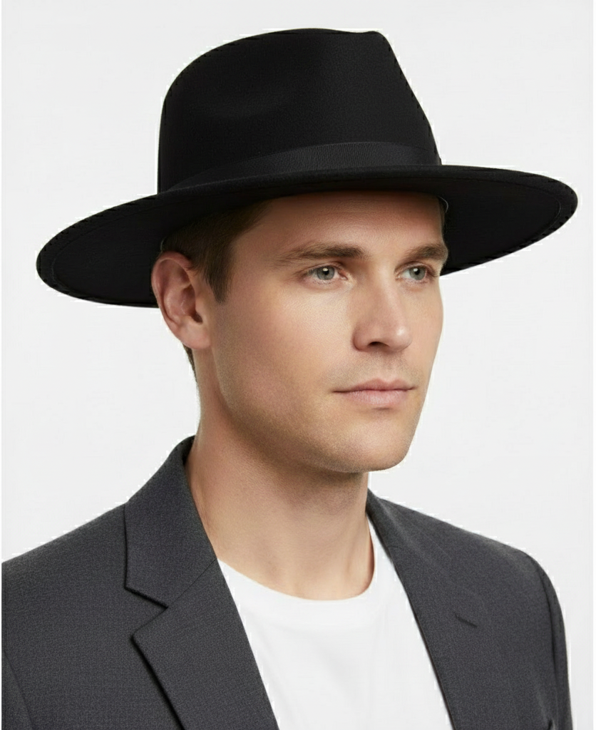 Menâ€™s Black Wide Brim Fedora Hat â€“ Classic Wool Felt Dress Hat with Matching Black Band - One size