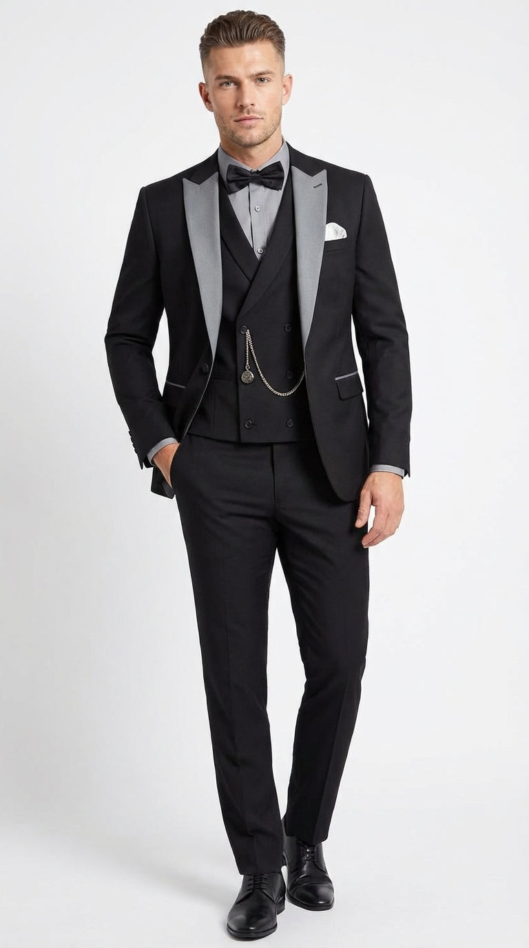 Mens Black And White Lapel 3 Piece Tuxedo Suit with Silver Gray Satin Lapel | Formal Wedding Prom Suit Set