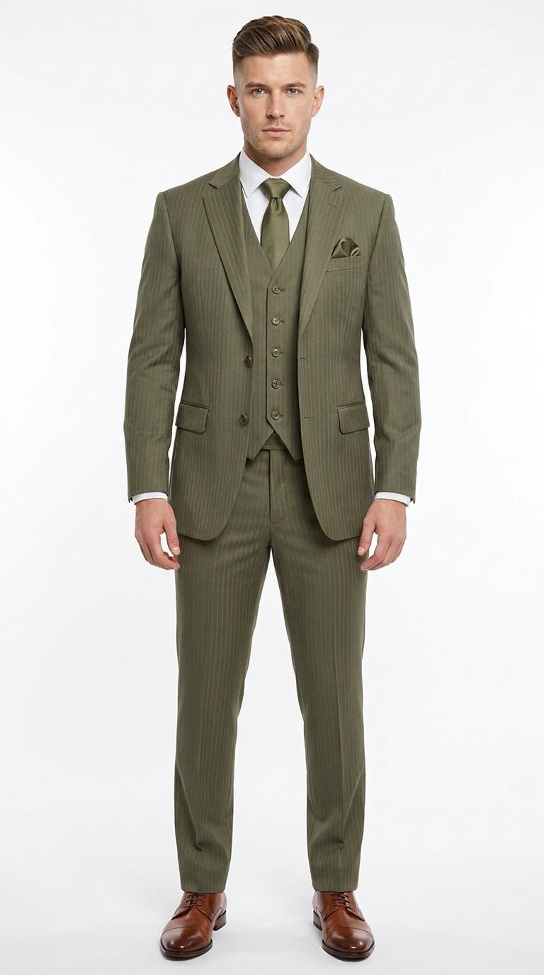 Men’s Olive Green Tone-on-Tone Shadow Pinstripe  3 Piece Suit – Modern Formal Suit with Vest Shadow Stripe