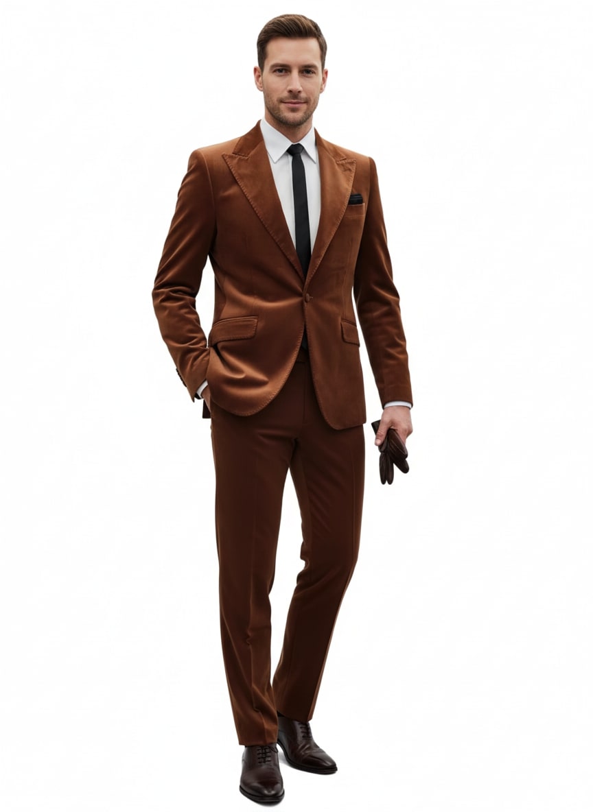 Mens Brown Velvet 2-Piece Suit – Luxury Slim Fit Formal Blazer and Pants Set in Rust Copper Color - 36R