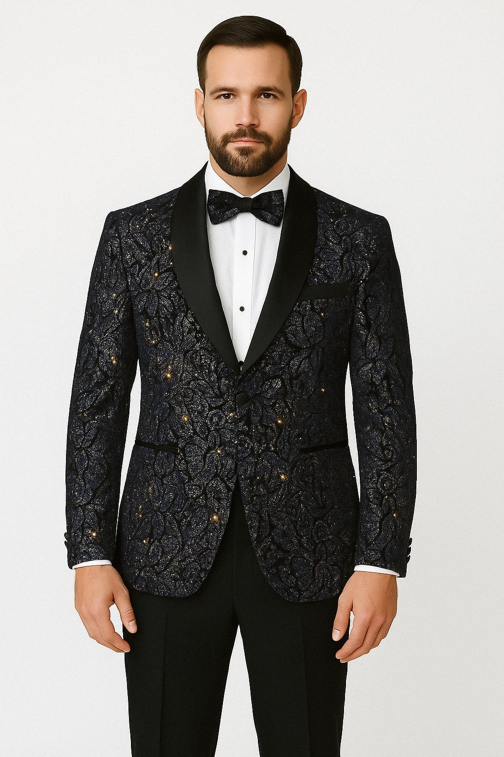 Mens Navy Black Glitter Floral Tuxedo Dinner Jacket with Satin Lapel- Blue Blazer Sequin Fabric - 34 Short or Extra Small
