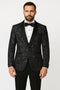 Mens Navy Black Glitter Floral Tuxedo Dinner Jacket with Satin Lapel- Blue Blazer Sequin Fabric