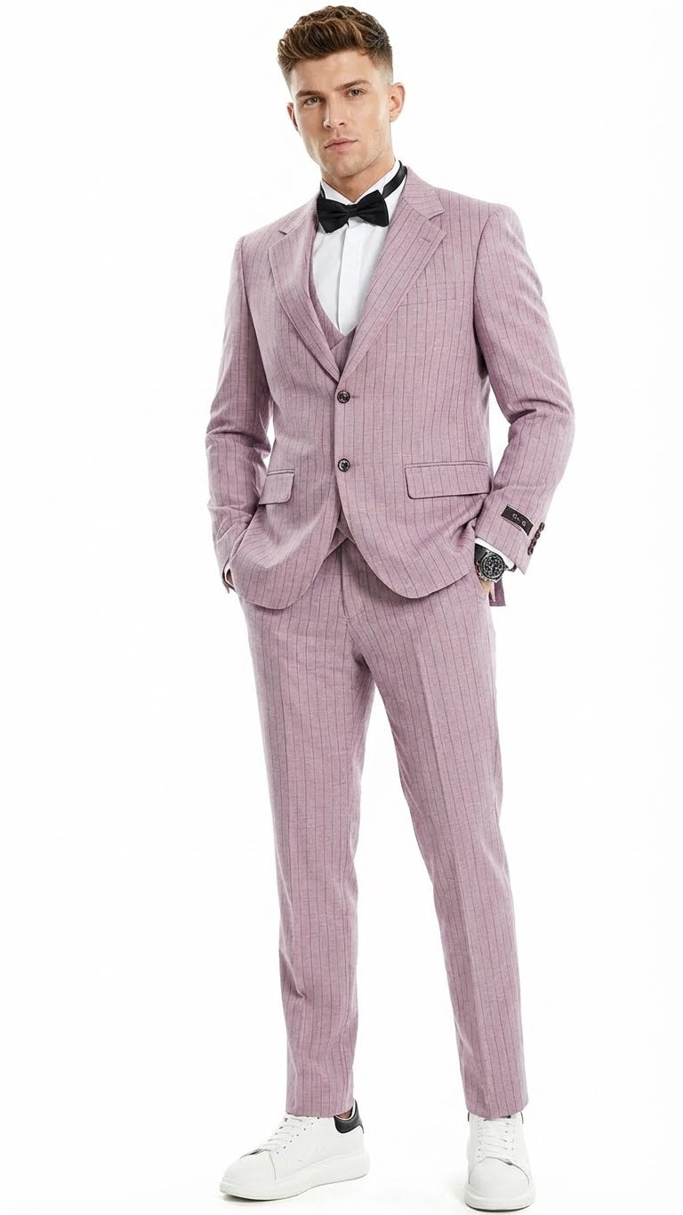 Men’s Dusty Rose Pink Pinstripe Three Piece Suit with Vest | Wedding and Party Formal Wear Prom or Church Suit - 34 Short or Extra Small