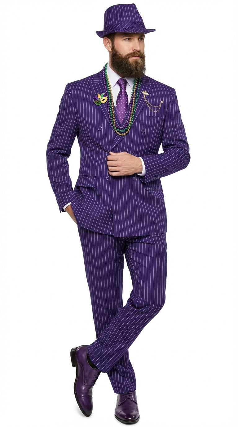 Mens Purple Pinstripe Mardi Gras Suit | Classic Double Breasted Formal Carnival Suit