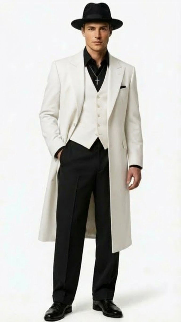 Mens White Long Zoot Suit Costume Set with Black Pants – Wedding, Prom and Party Outfit 1920s - 1930s Gangster Style - Large 16.5" Neck / 36" Sleeve