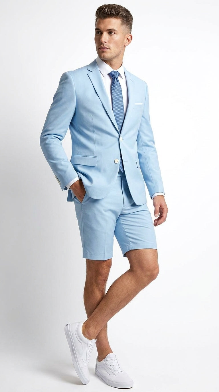 Men’s Light Blue Suit with Shorts – Casual Summer Blazer and Shorts Set for Wedding, Party and Smart Casual Wear - 36 Short
