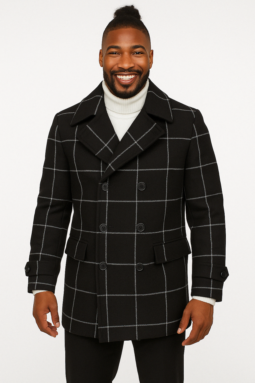 Black Plaid Overcoat - Topcoat With WindowPane Pattern Double Breasted Style - Coat Size 38