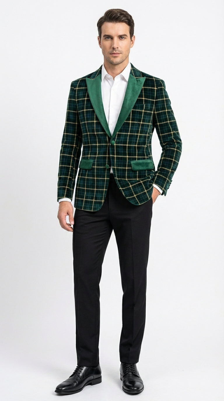 Mens Tartan Green and Gold Check Blazer – Windowpane Plaid Sport Coat Velvet Lapel Plaid Christmas Holiday New Year Jacket - 36 Short