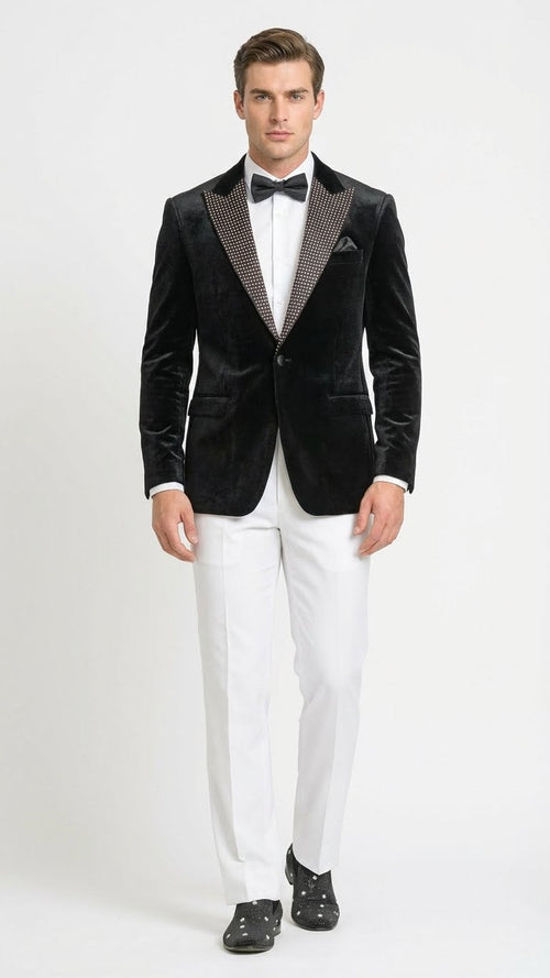 Mens Black Velvet Tuxedo Blazer with Studded Lapel  Formal Evening Jacket