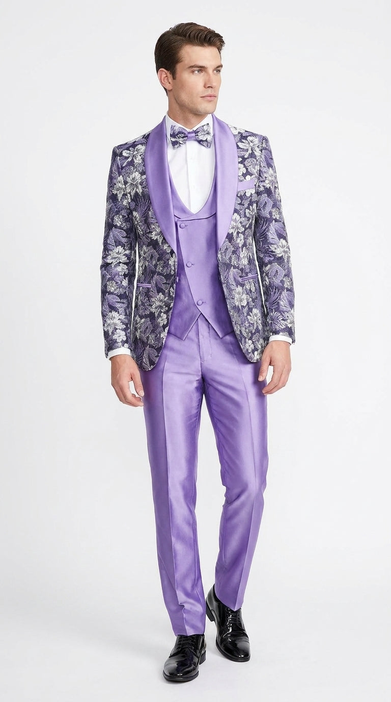 Men’s Lilac Lavender Prom Suit – Floral Shawl Lapel 3 Piece Tuxedo with Matching Vest and Pants - 34 Short or Extra Small