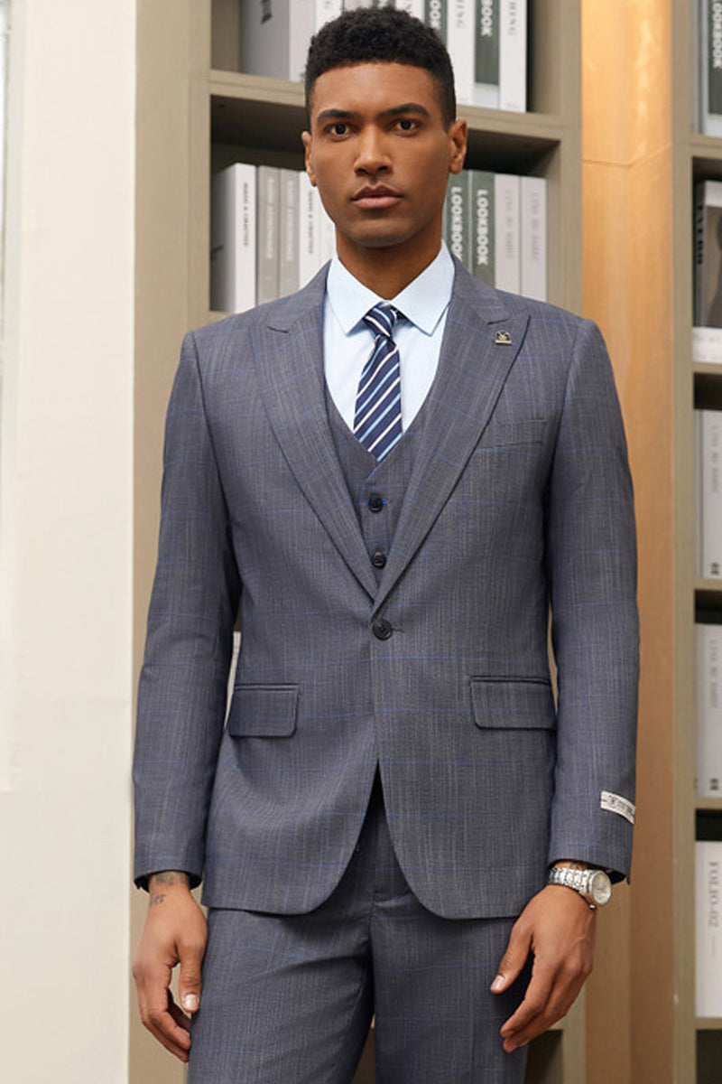 "Mens Stacy Adams Suit - Stacy Adams Suit Men's Grey & Blue Windowpane Plaid Suit - One Button Vested Peak Lapel"