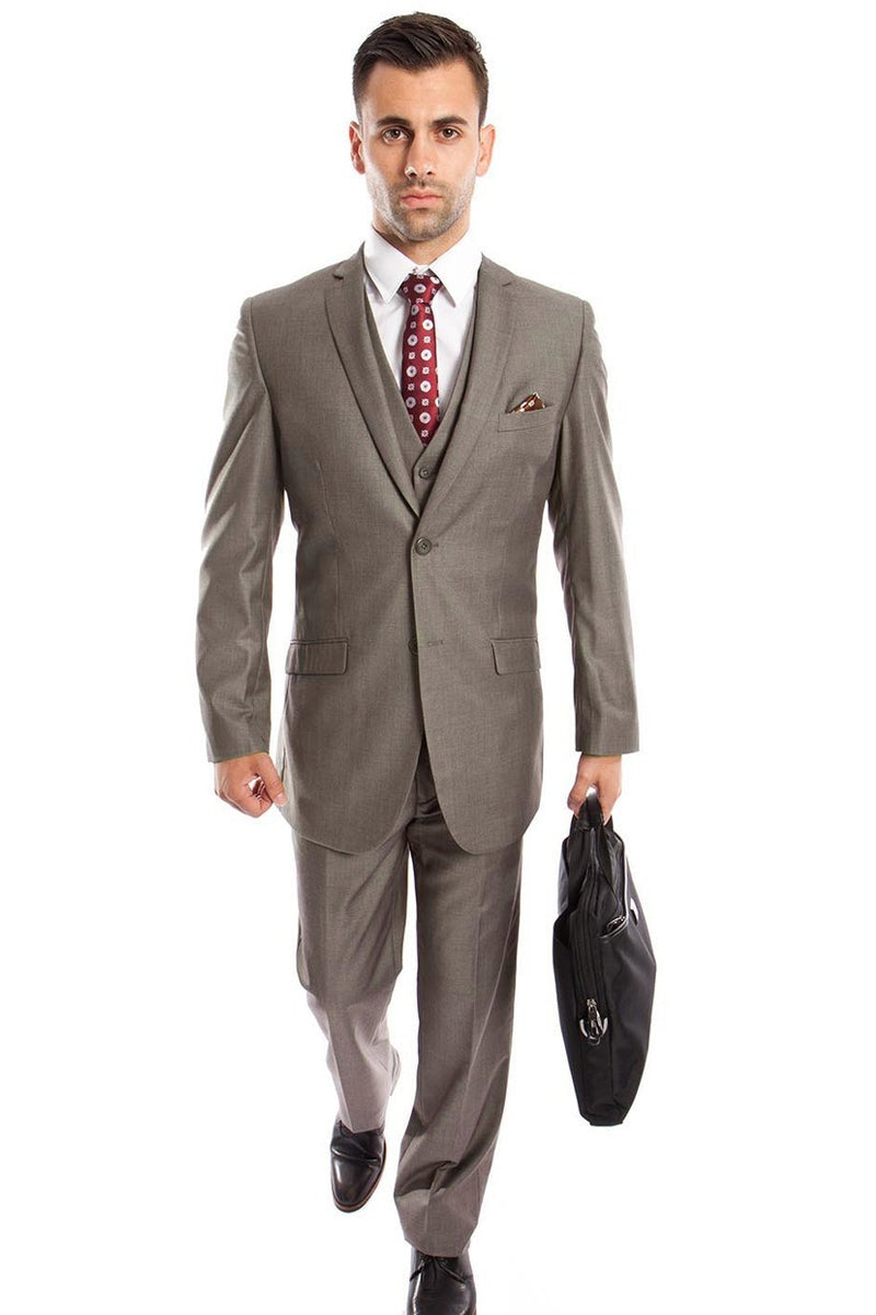 "Men's Slim Fit Two Button Wedding Suit - Medium Grey Basic Vested"
