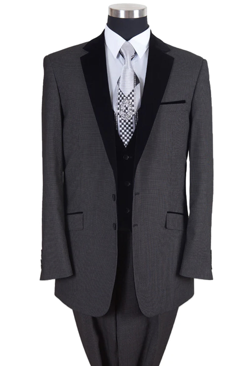"Black Modern Fit Tuxedo Suit with Velvet Lapel & Vest for Men"