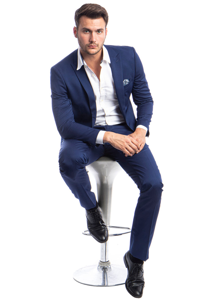"Dark Blue Slim Fit Suit for Men - One Button Peak Lapel Style"