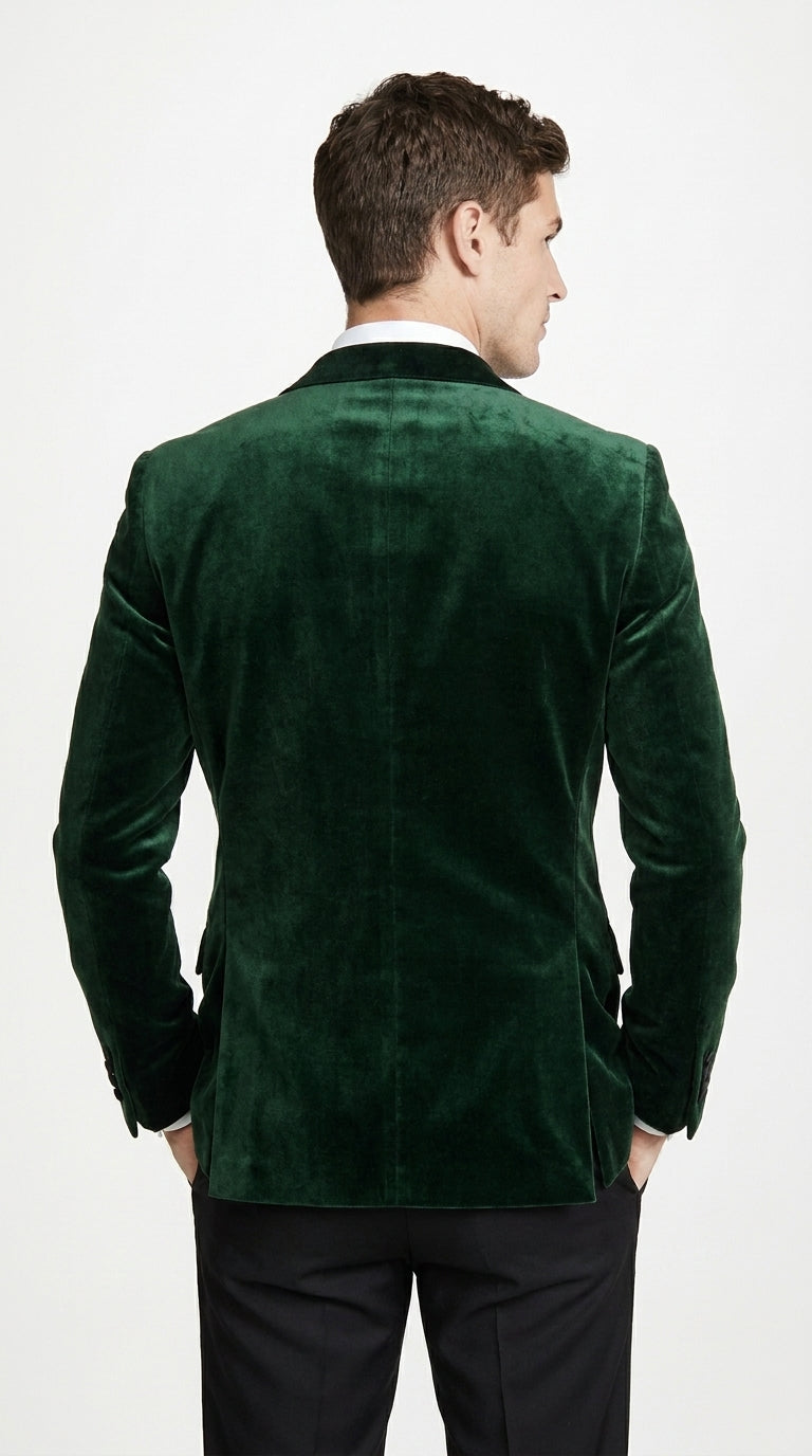 Men’s Olive Green Velvet Tuxedo Dinner Jacket – Black Satin Peak Lapel Formal Prom Wedding Blazer - 34 Short or Extra Small